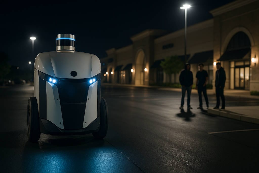 Autonomous security robot investigating threats in real time.