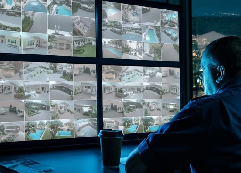 Security professional monitoring endless video feeds.