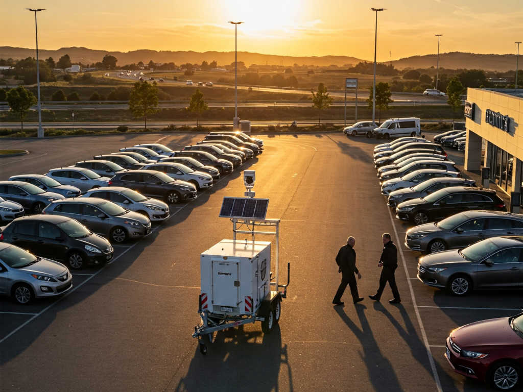 Mobile surveillance trailer watching over parking lot