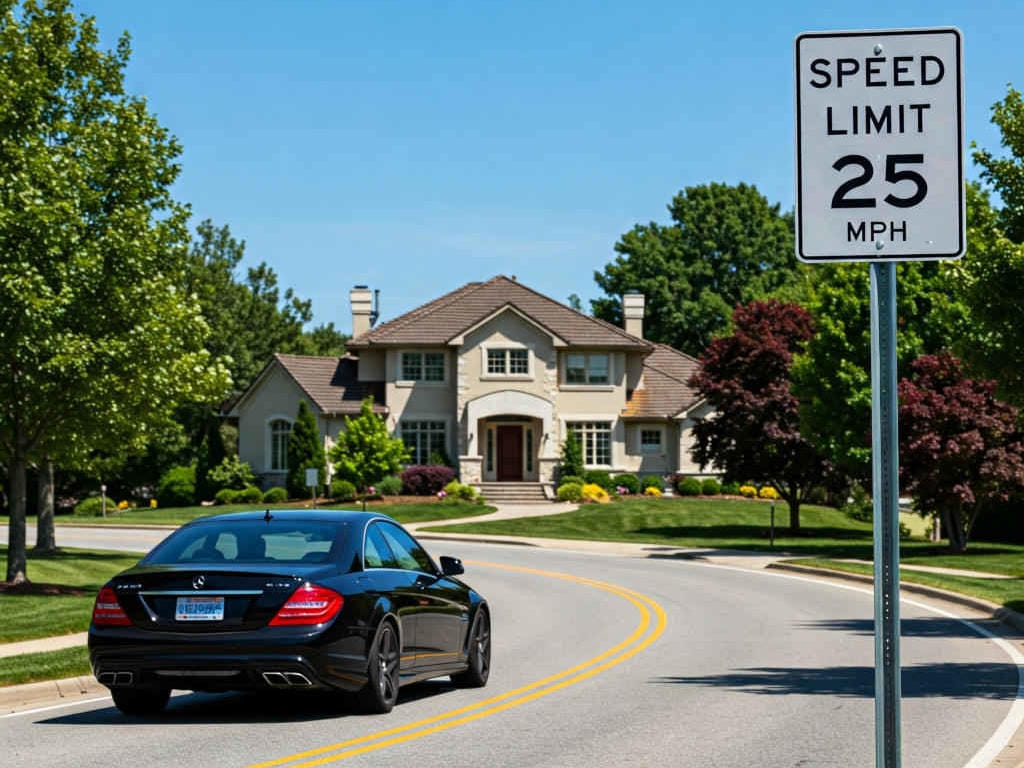 Black sedan speeding through residential neighborhood.