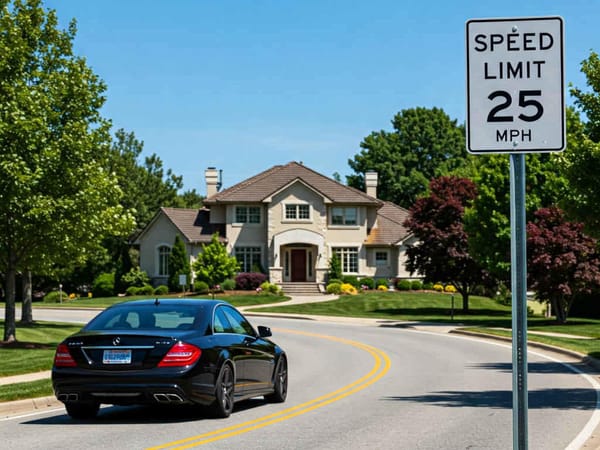Black sedan speeding through residential neighborhood.